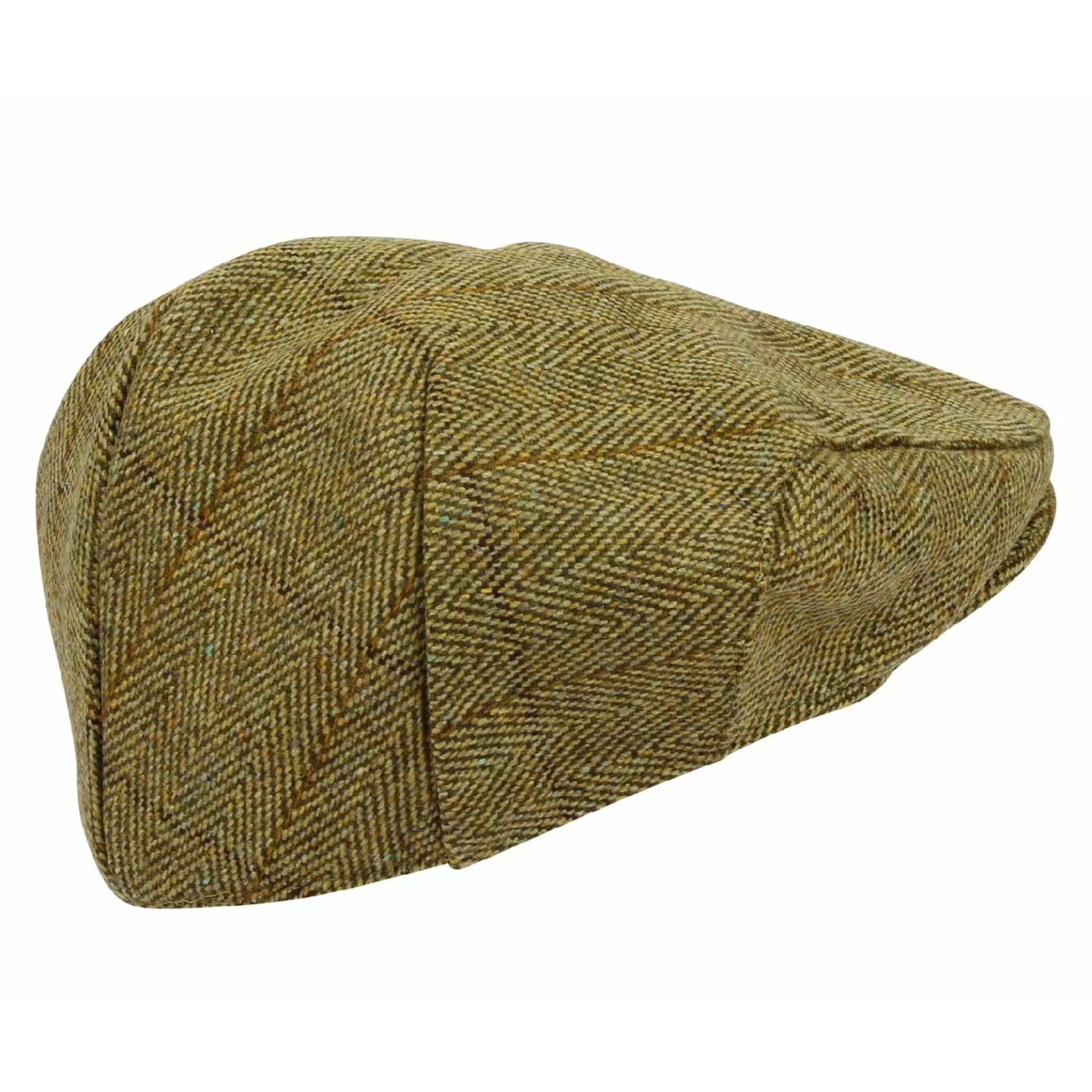Men's Nicky Adams waterproof tweed flat cap in green with Union Jack pin badge, traditional British country style hat